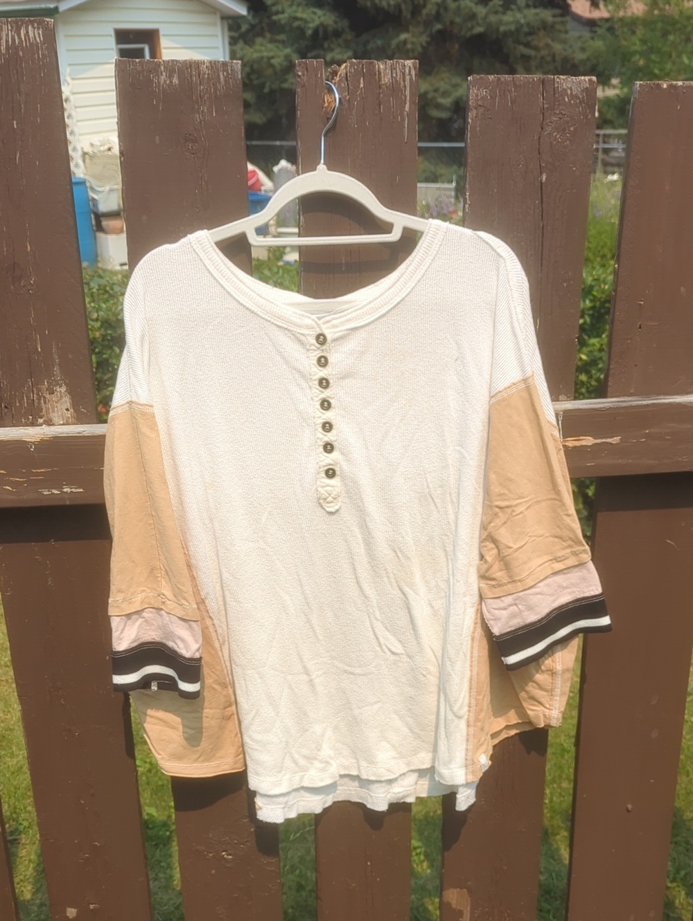 We The Free Cream and Tan Button-Front Henley with Striped Cuffs